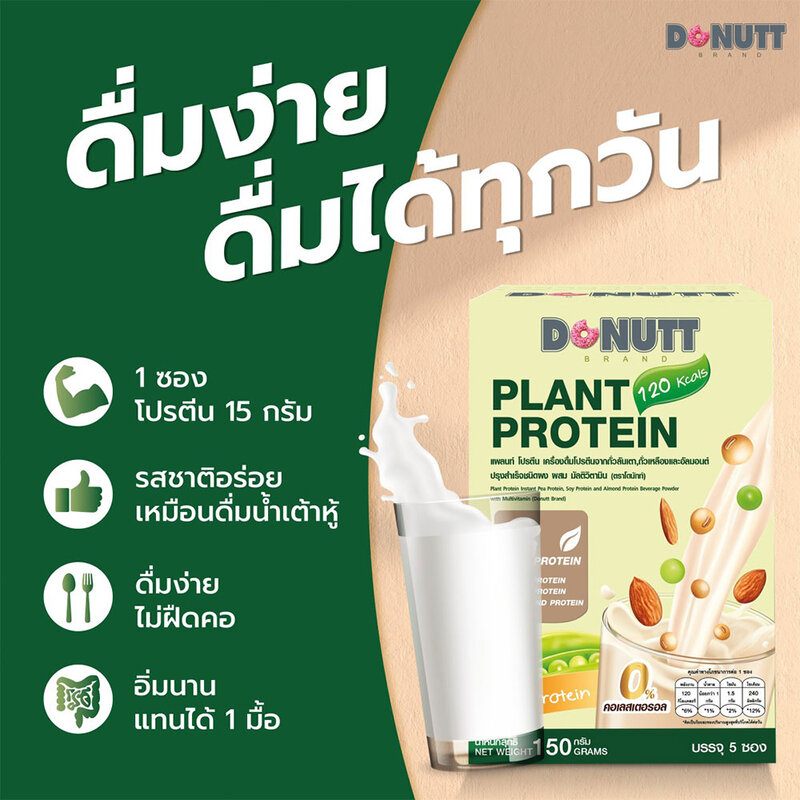 DONUTT Plant Protein Instant Pea Protein Soy Protein And Almond Protein Beverage Powder With Multivitamin 5 Sachets ( สินค้าหมดอายุ : 2025.11.02 ) 