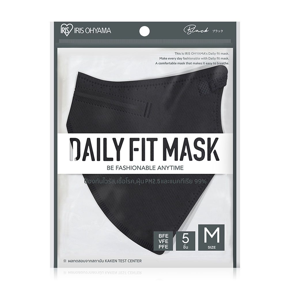 IRIS OHYAMA Disposable Face Mask Daily Fit Size M [5pcs x 1 Sachet] #Black