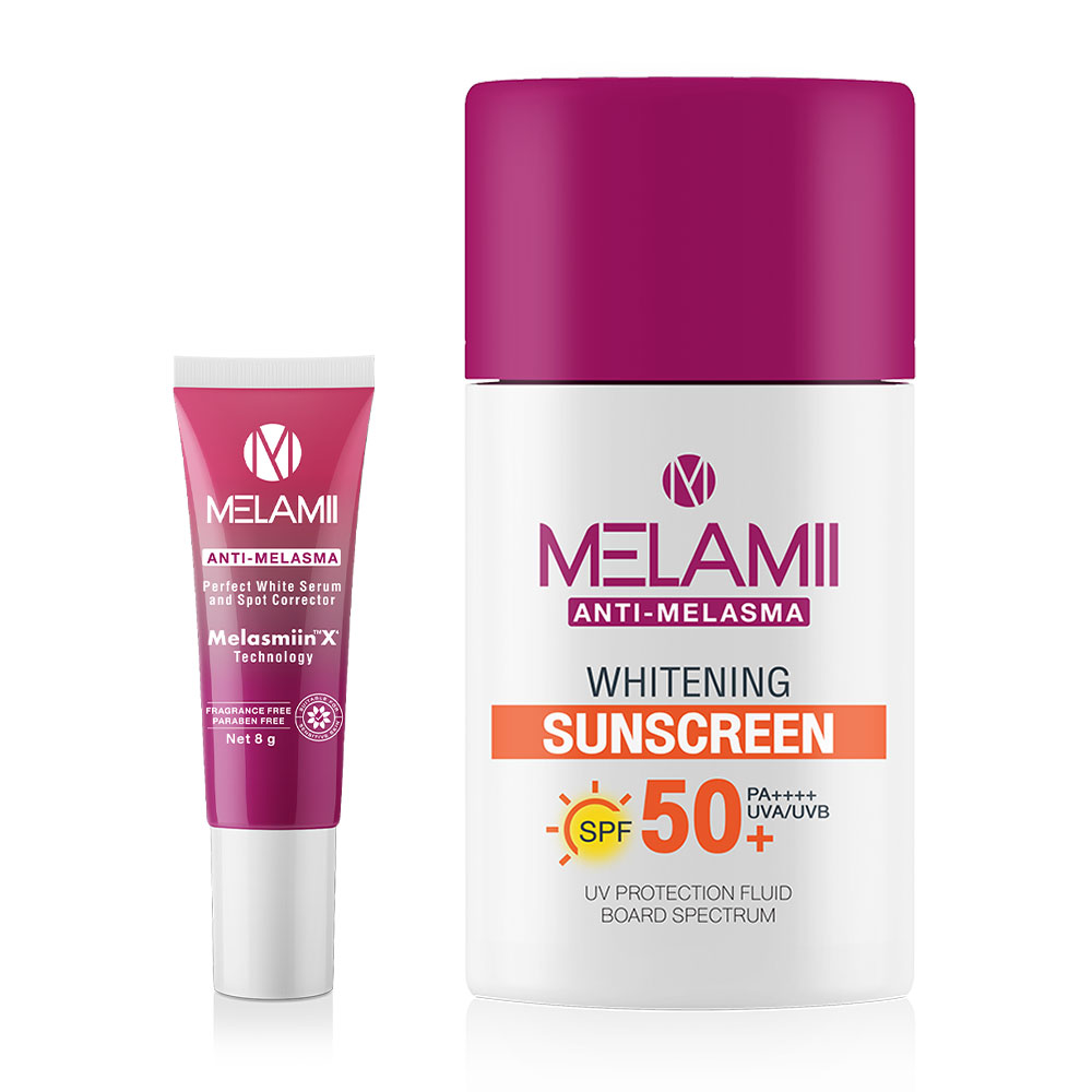 Melamii Set 2 Items Anti Melasma Perfect White Serum And Spot Corrector 8g + Whitening Sunscreen SPF50+ PA++++ 30ml