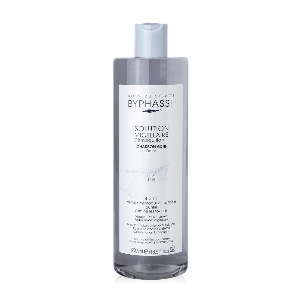 BYPHASSE Micellar Make-Up Remover Solution Activated Charcoal Pure Skin 500ml ( สินค้าหมดอายุ : 2026.02.01 ) 