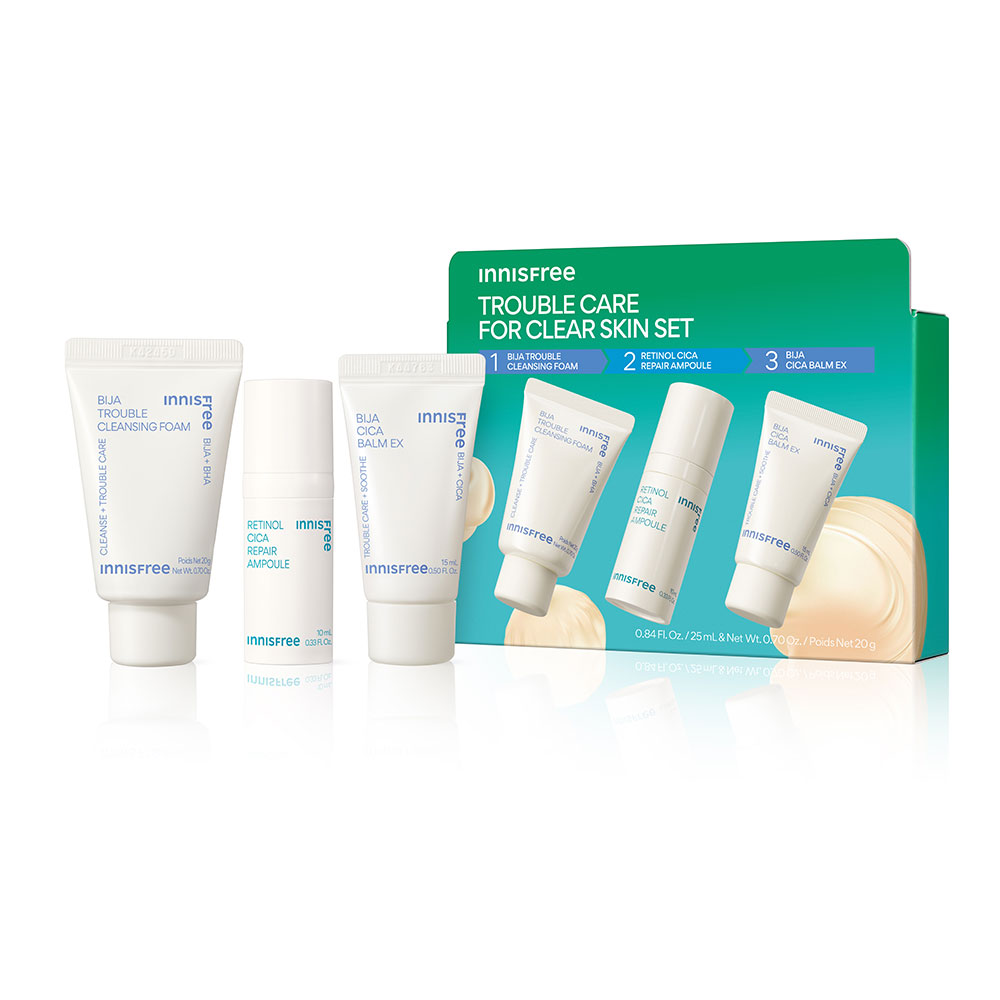 Innisfree Set 3 Items Konvy Exclusive Trouble Care For Clean Skin Set Bija Trouble Cleansing Foam 20g + Retinol Cica Repair Ampo ( สินค้าหมดอายุ : 2026.03.15 ) 