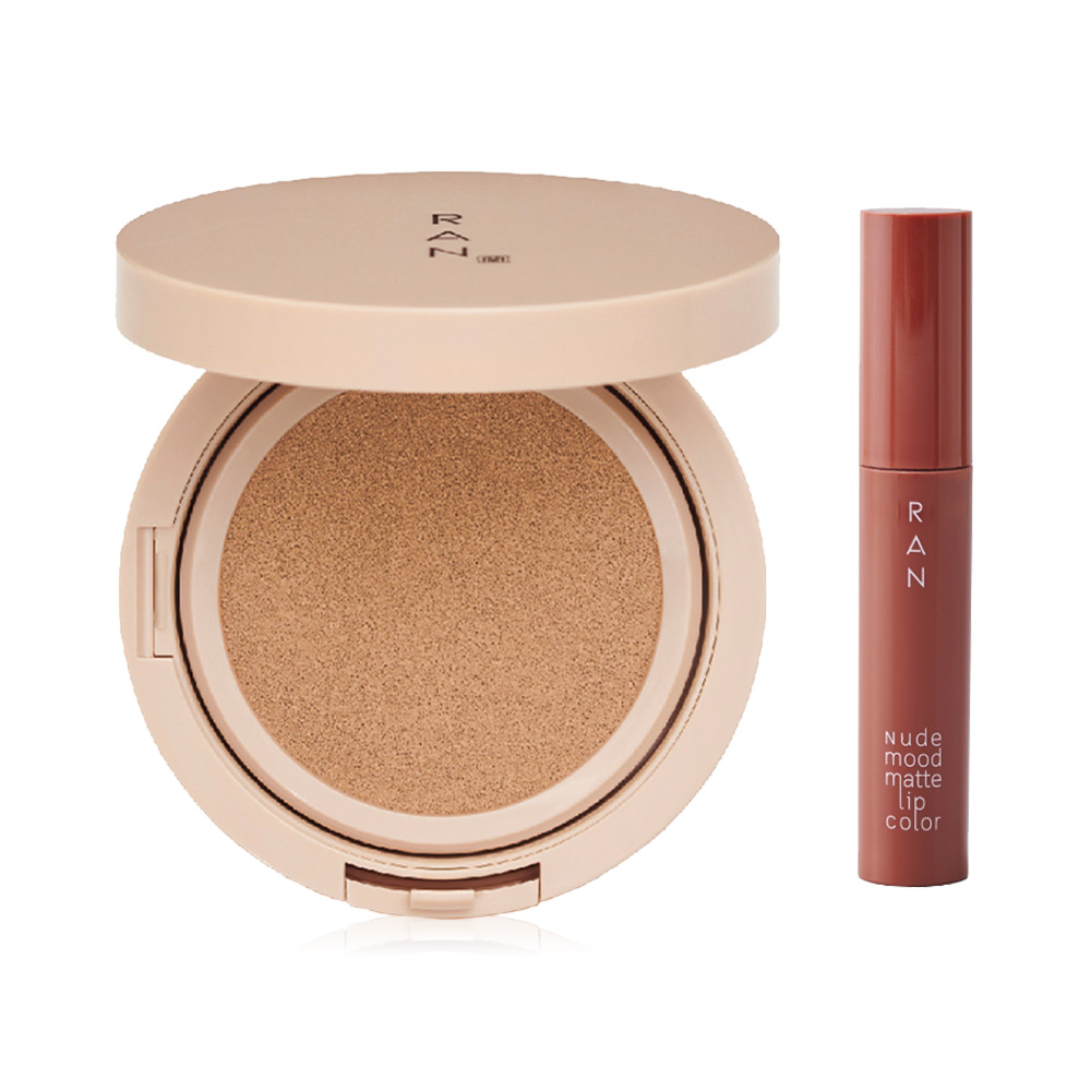 RAN COSMETIC Beauty Gift Set 2 Items Bright Touch Cushion 15g #03 Tan + Nude Mood Matte Lip Color 4ml #03 Burn