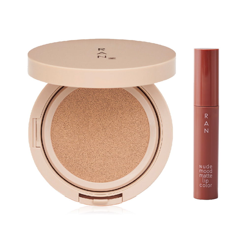 RAN COSMETIC Beauty Gift Set 2 Items Bright Touch Cushion 15g #02 Natural + Nude Mood Matte Lip Color 4ml #03 Burn