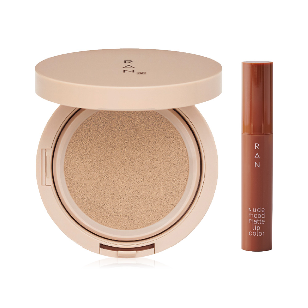 RAN COSMETIC Beauty Gift Set 2 Items Bright Touch Cushion 15g #01/5 Medium Light + Nude Mood Matte Lip Color 4ml #01 Brick