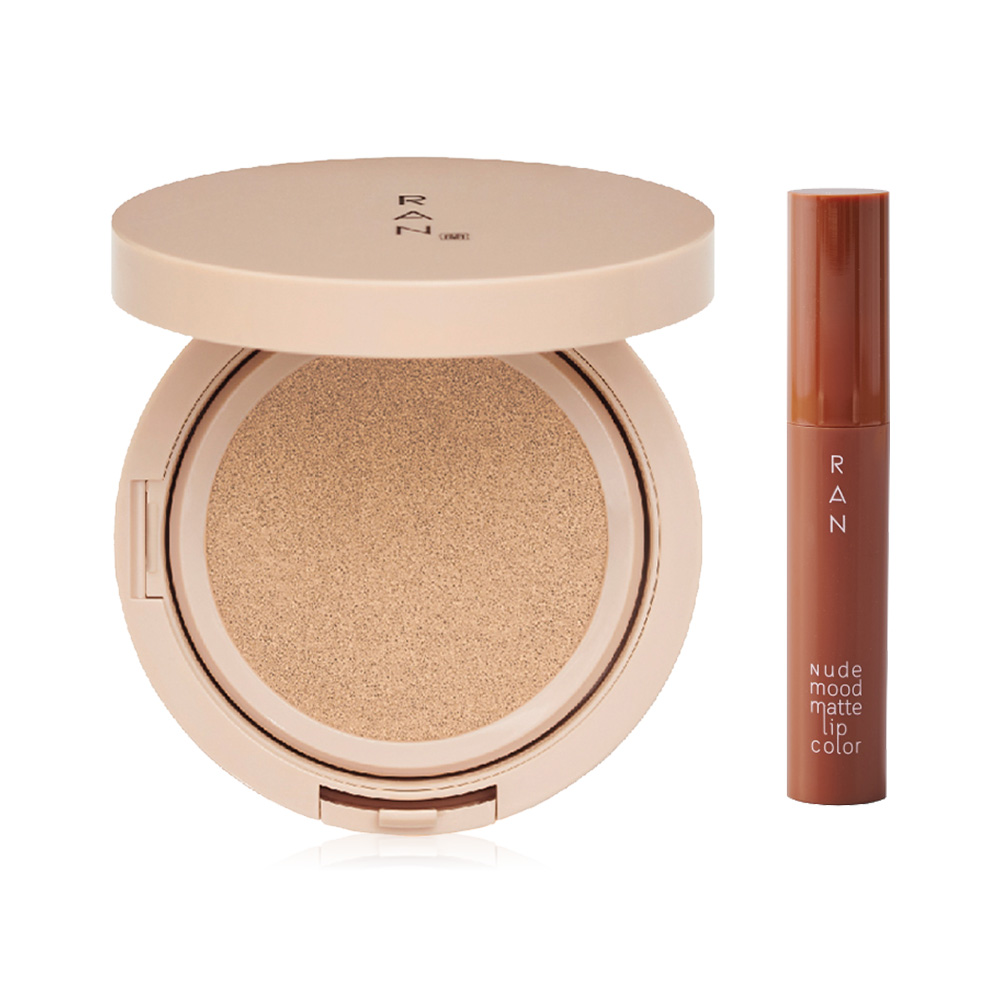 RAN COSMETIC Beauty Gift Set 2 Items Bright Touch Cushion 15g #01 Light + Nude Mood Matte Lip Color 4ml #01 Brick