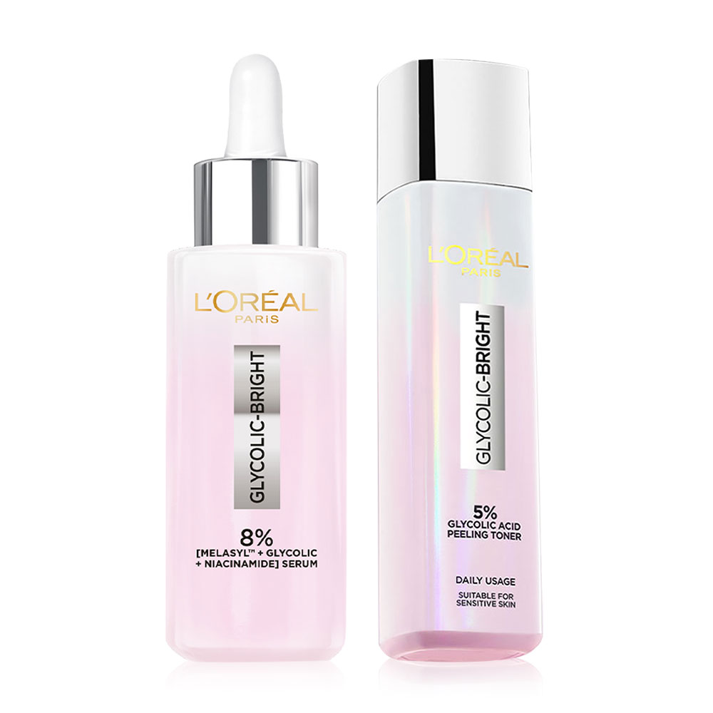 Loreal Paris Set 2 Items Glycolic Bright Instant Glowing Serum 30ml +Glycolic-Bright Glowing Peeling Toner 128ml