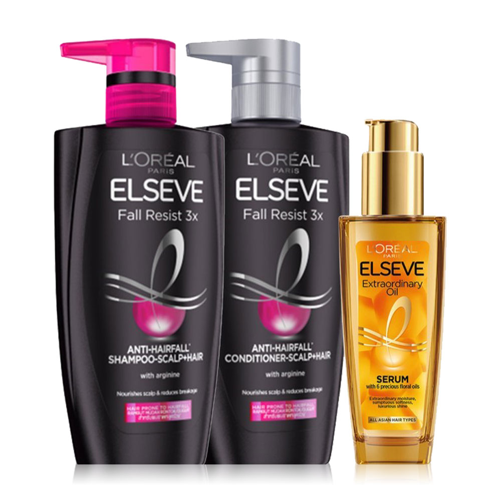 Loreal Paris Set 3 Items Elseve Fall Resist X3 Anti-Hairfall Shampoo 410ml +Conditioner 410ml + Oil Dry Hair 100ml