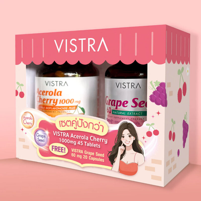 VISTRA Set Skin Acerola Cherry 1000mg 45 Tablets + Grape Seed 60mg 20 Capsules