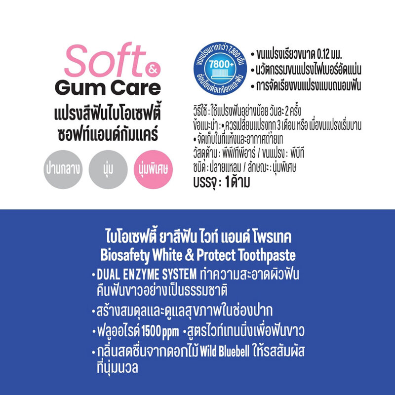 Biosafety Soft & Gum Care Toothbrush Random Color 1pc + Biosafety White & Protect Toothpaste 20g