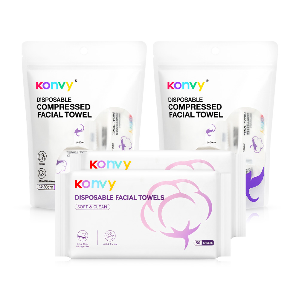  Konvy Facial Towel [50 Sheets x 2pcs] + Disposable Compressed Facial Towel [20pcs x 2pcs]