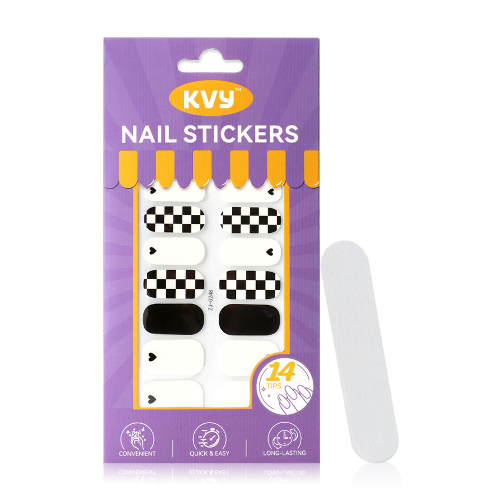 KVY Nail Stickers 14Tips #ZJ-0248 Black & White Plaid