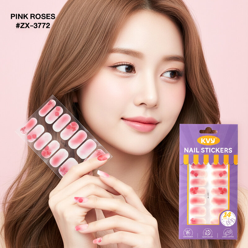 KVY Nail Stickers 14Tips #ZX-3772 Pink Roses