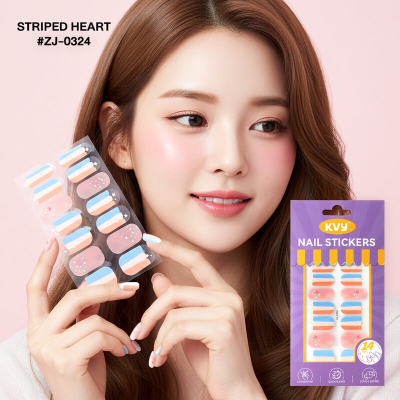 KVY Nail Stickers 14Tips #ZJ-0324 Striped Heart
