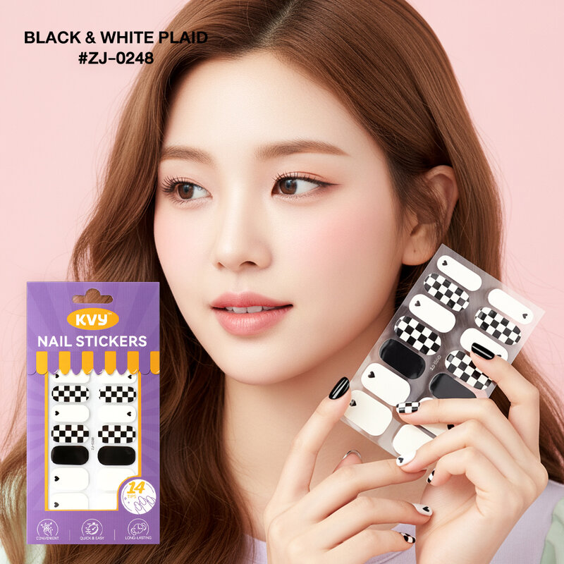 KVY Nail Stickers 14Tips #ZJ-0248 Black & White Plaid