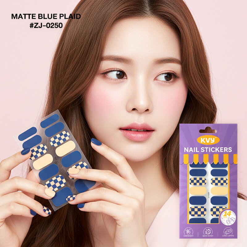 KVY Nail Stickers 14Tips #ZJ-0250 Matte Blue Plaid