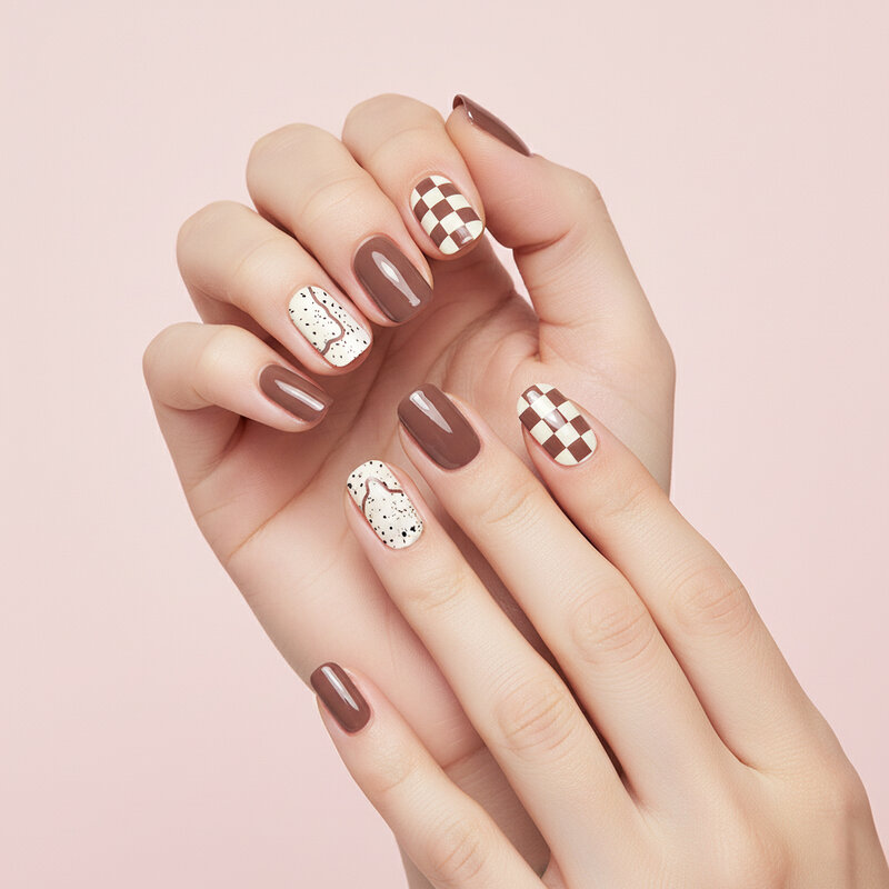 KVY Nail Stickers 14Tips #ZJ-0236 Brown Eggshell