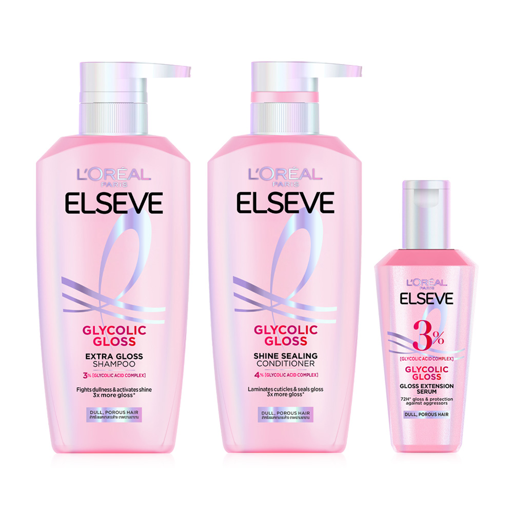 Loreal Paris Set 3 Items Elseve Glycolic Gloss Extra Gloss Shampoo 400ml + Shine Sealing Conditioner 375ml +  Extention Serum 40
